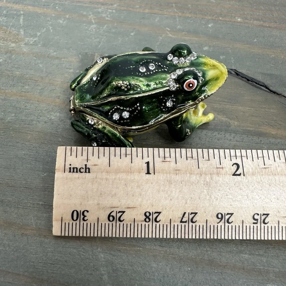 Jeweled Frog Trinket Box Green Yellow Rhinestone Enamel Hinged Mini Figurine